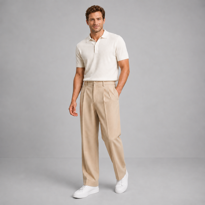 Men's Pleated Wide-Leg Trousers with Button Waistband and Side Pockets - Octavia - Stone