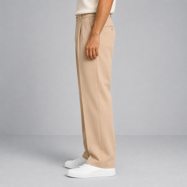 Men's Pleated Wide-Leg Trousers with Button Waistband and Side Pockets - Octavia - Stone