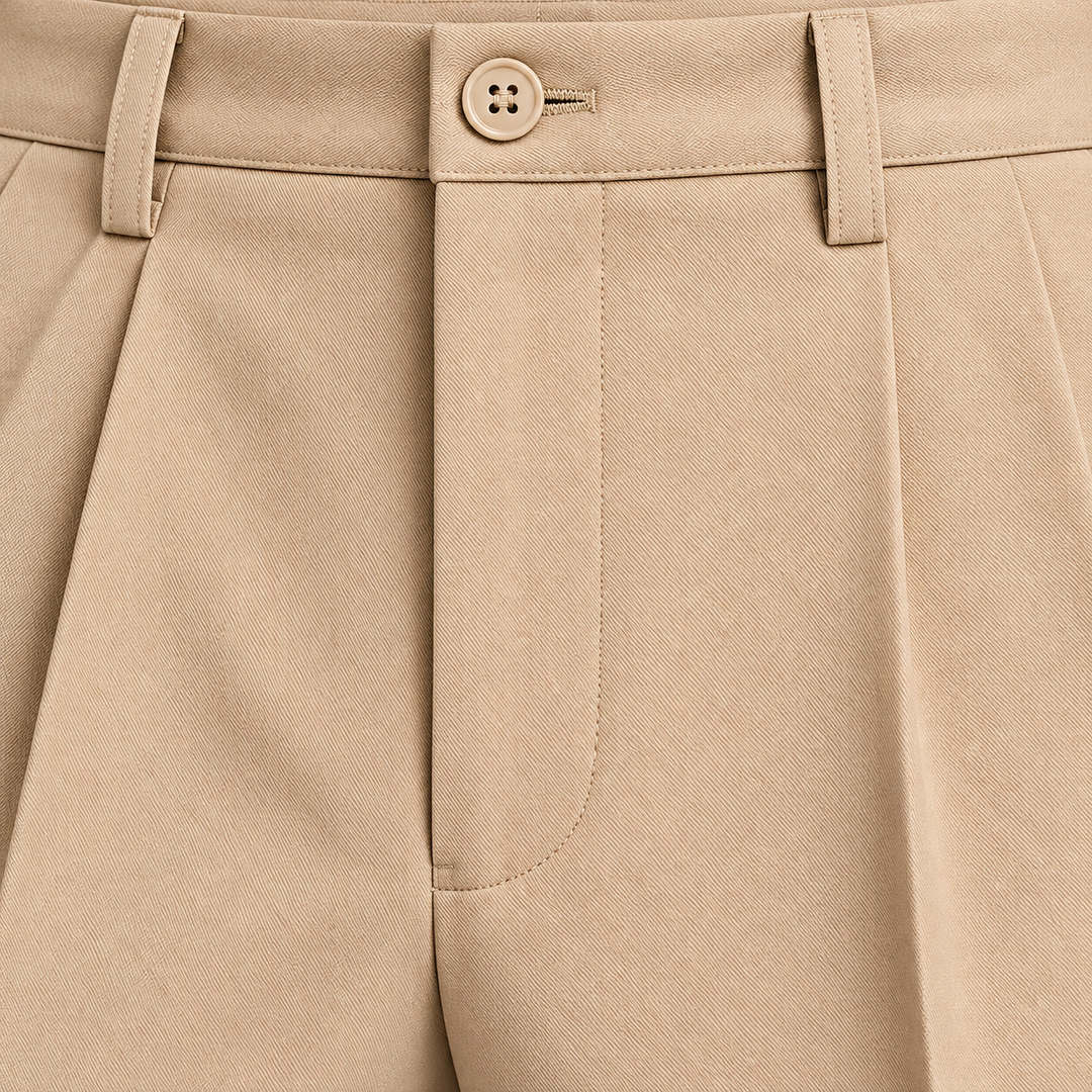 Men's Pleated Wide-Leg Trousers with Button Waistband and Side Pockets - Octavia - Stone