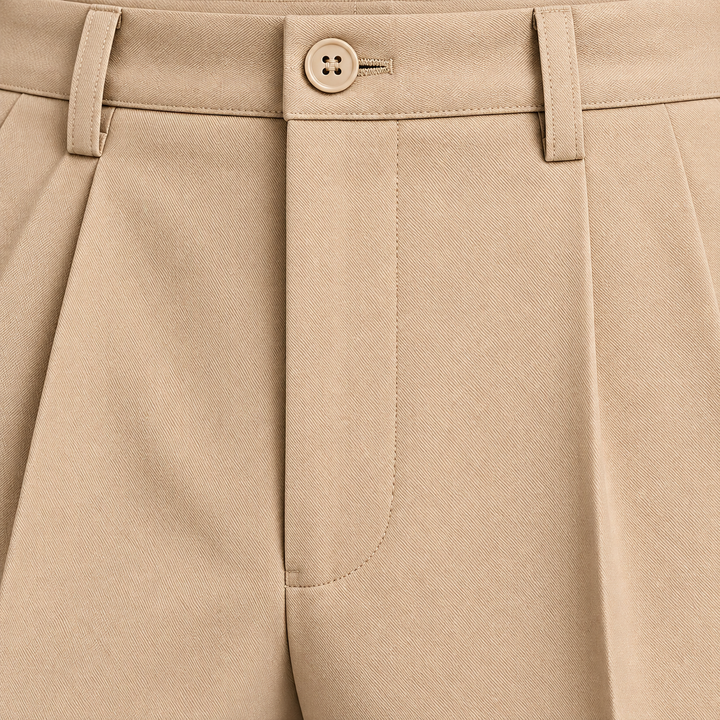 Men's Pleated Wide-Leg Trousers with Button Waistband and Side Pockets - Octavia - Stone