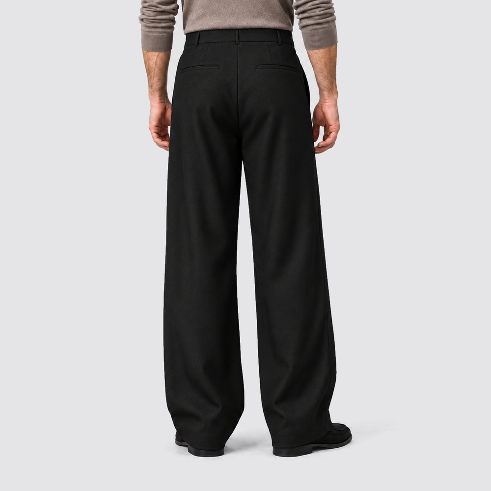 Men's Wide-Leg Pleated Trousers with Button Tab Waist and Side Pockets - Barclay - Black