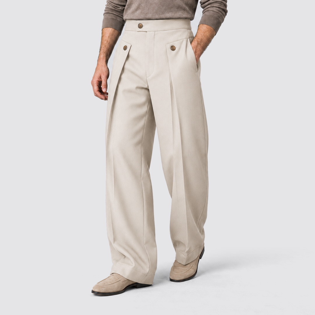 Men's Wide-Leg Pleated Trousers with Button Tab Waist and Side Pockets - Barclay - Stone