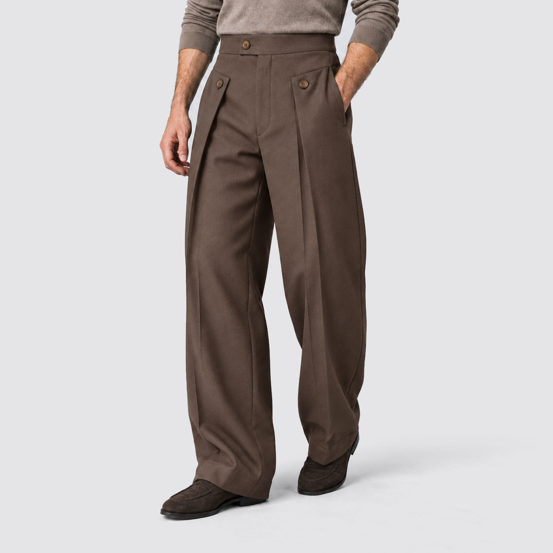 Men's Wide-Leg Pleated Trousers with Button Tab Waist and Side Pockets - Barclay - Brown