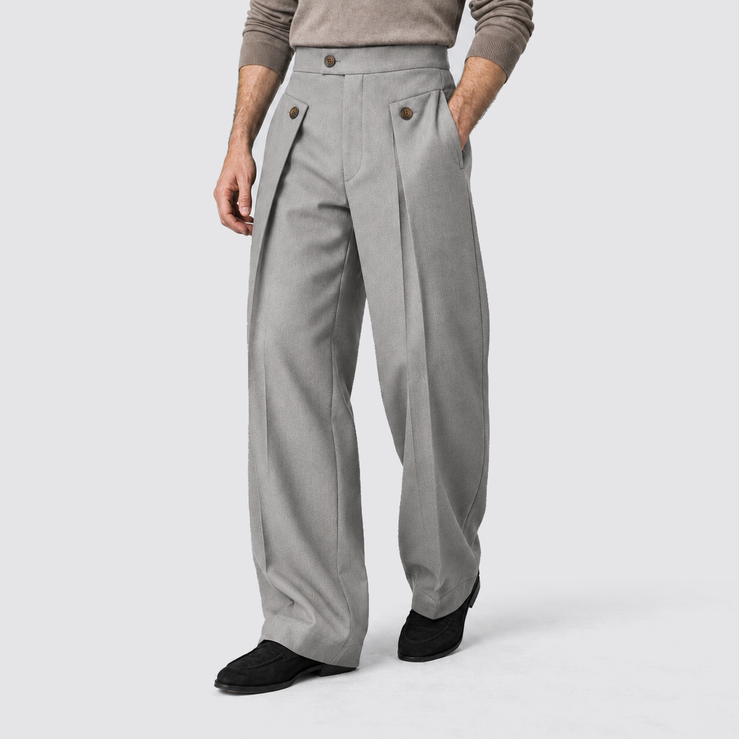 Men's Wide-Leg Pleated Trousers with Button Tab Waist and Side Pockets - Barclay - Light Grey