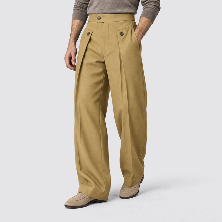 Men's Wide-Leg Pleated Trousers with Button Tab Waist and Side Pockets - Barclay - Khaki