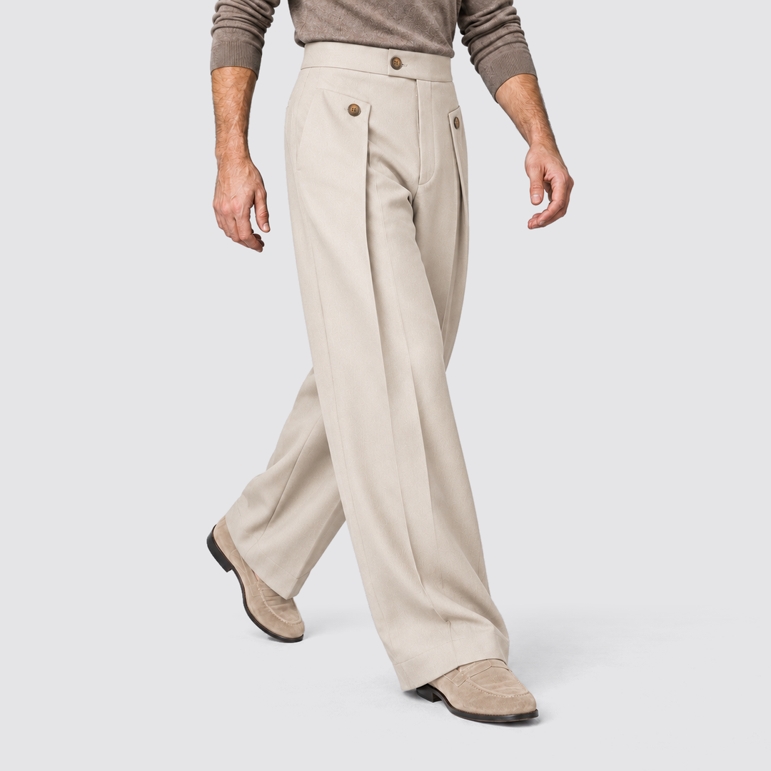 Men's Wide-Leg Pleated Trousers with Button Tab Waist and Side Pockets - Barclay - Black