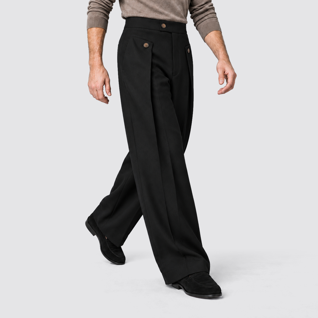 Men's Wide-Leg Pleated Trousers with Button Tab Waist and Side Pockets - Barclay - Black