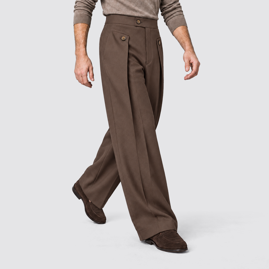 Men's Wide-Leg Pleated Trousers with Button Tab Waist and Side Pockets - Barclay - Black