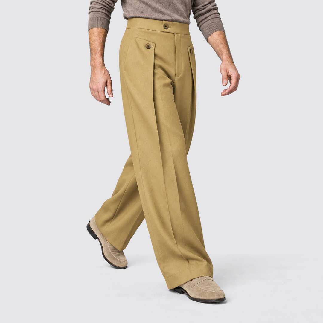 Men's Wide-Leg Pleated Trousers with Button Tab Waist and Side Pockets - Barclay - Black