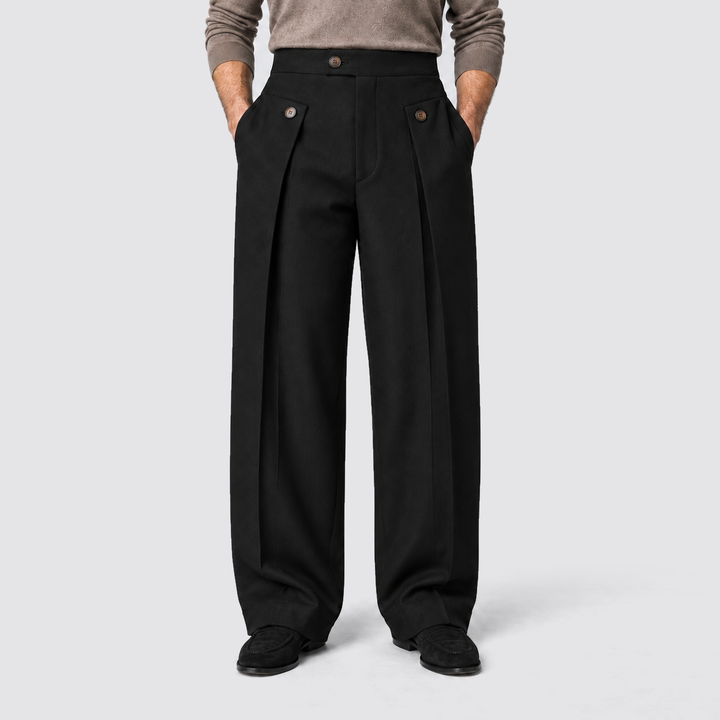 Men's Wide-Leg Pleated Trousers with Button Tab Waist and Side Pockets - Barclay - Black
