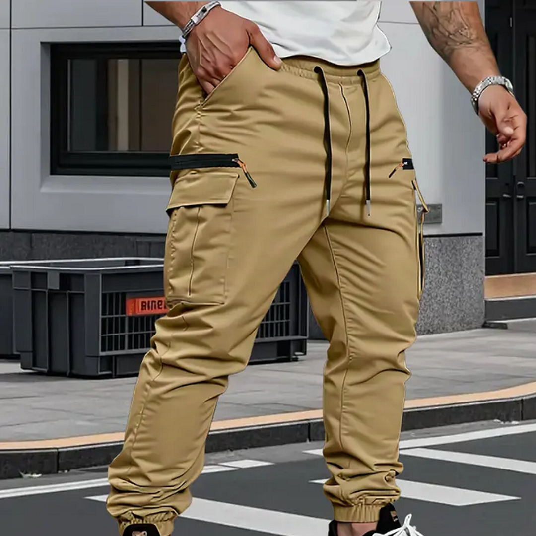 Men's Cargo Jogger Trousers with Zip Pocket and Drawstring Waist - Jerome - Khaki