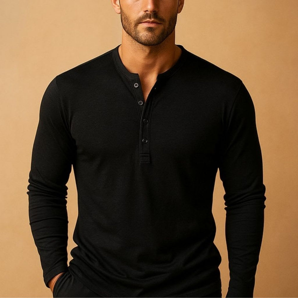 Men's Long-Sleeve Henley Shirt with Three-Button Placket and Slim Fit - Osmond - Black