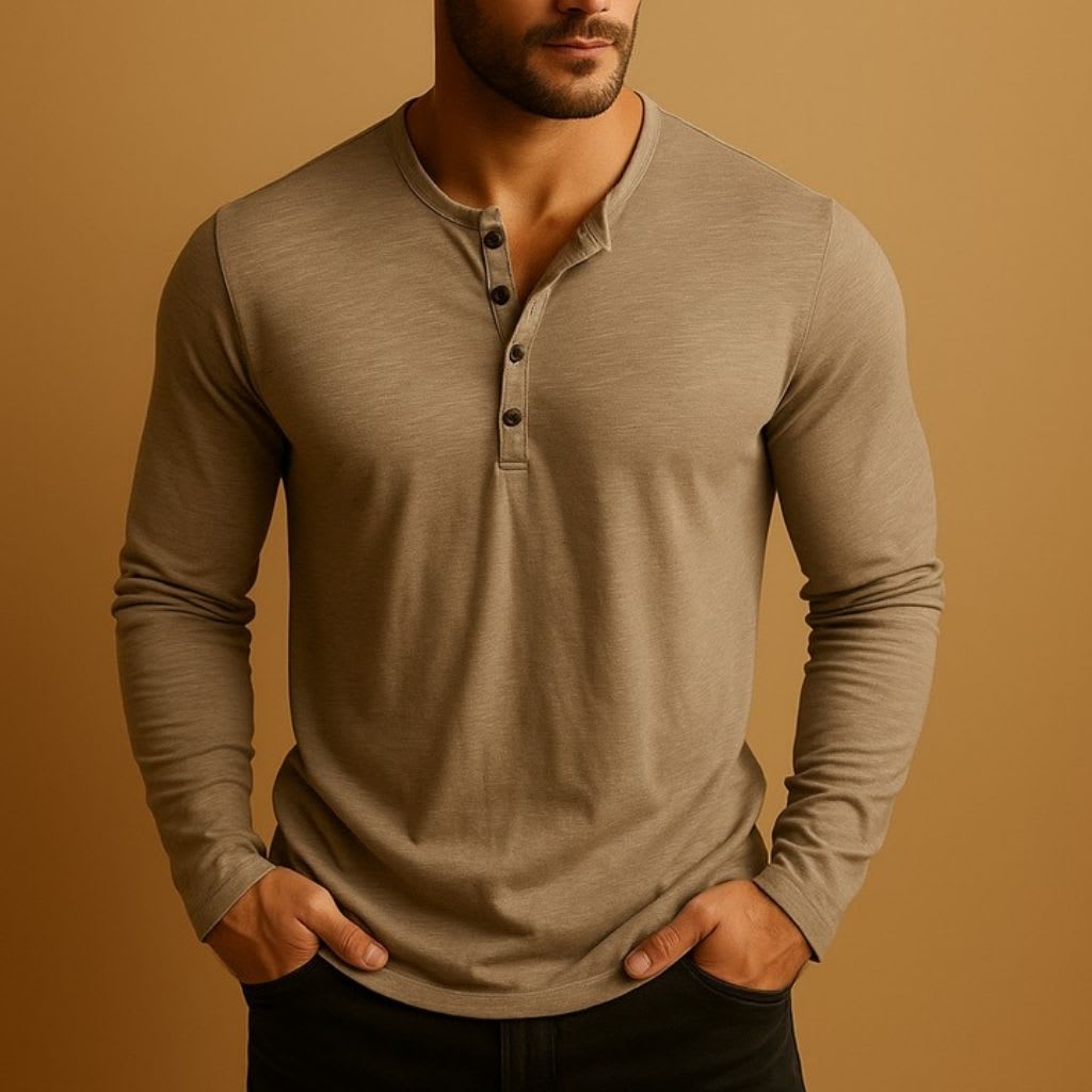 Men's Long-Sleeve Henley Shirt with Three-Button Placket and Slim Fit - Osmond - Taupe