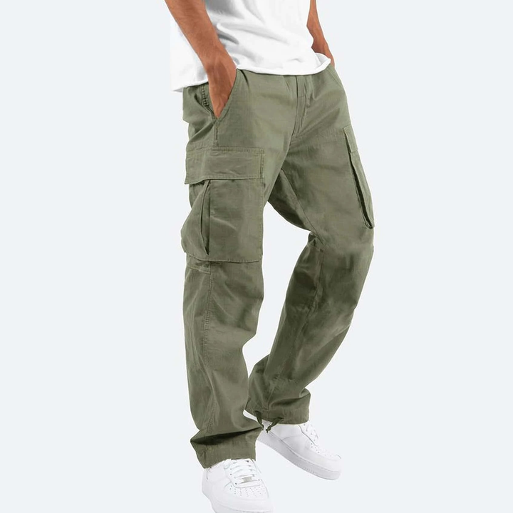 Men's Relaxed Cargo Trousers with Large Thigh Pockets and Drawcord Hems - Yorick - Sage Green