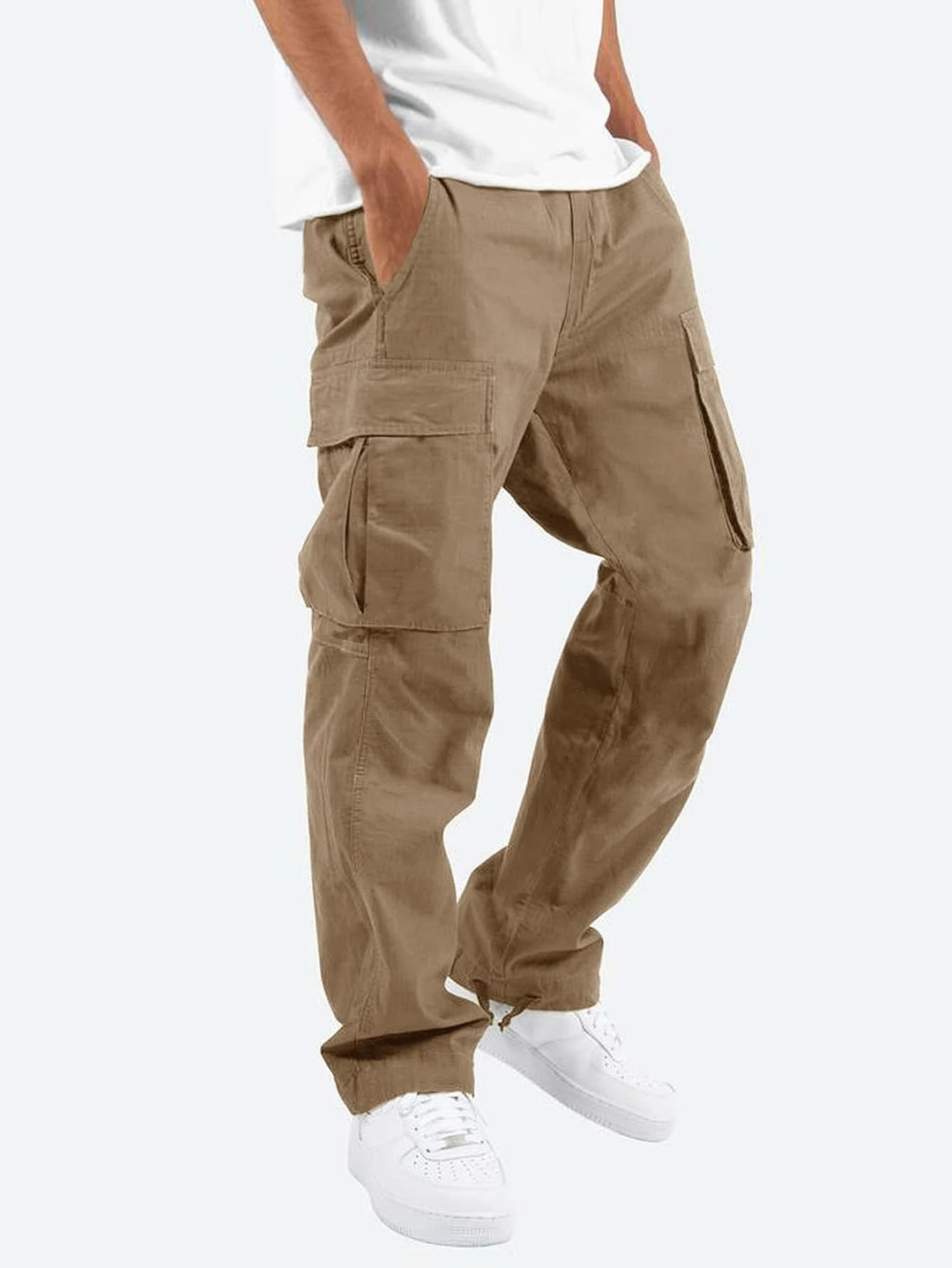 Men's Relaxed Cargo Trousers with Large Thigh Pockets and Drawcord Hems - Yorick - Tan