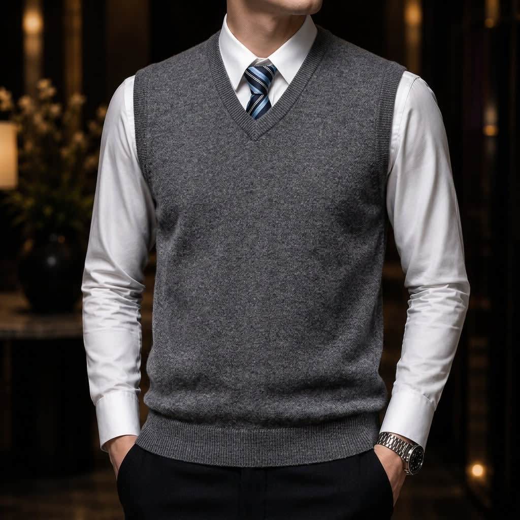 Men's V-Neck Knit Sweater Vest with Ribbed Trims - Linus - Charcoal