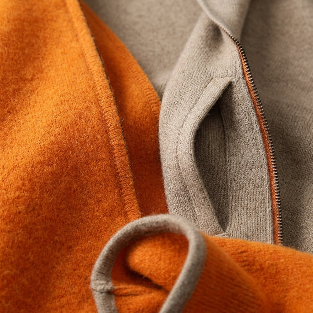 Men's Reversible Knit Zip-Up Hoodie with Contrast Lining - Montague - Orange & Taupe