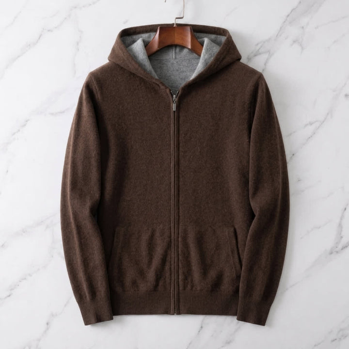 Men's Reversible Knit Zip-Up Hoodie with Contrast Lining - Montague - Brown & Grey