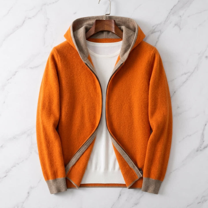 Men's Reversible Knit Zip-Up Hoodie with Contrast Lining - Montague - Orange & Taupe