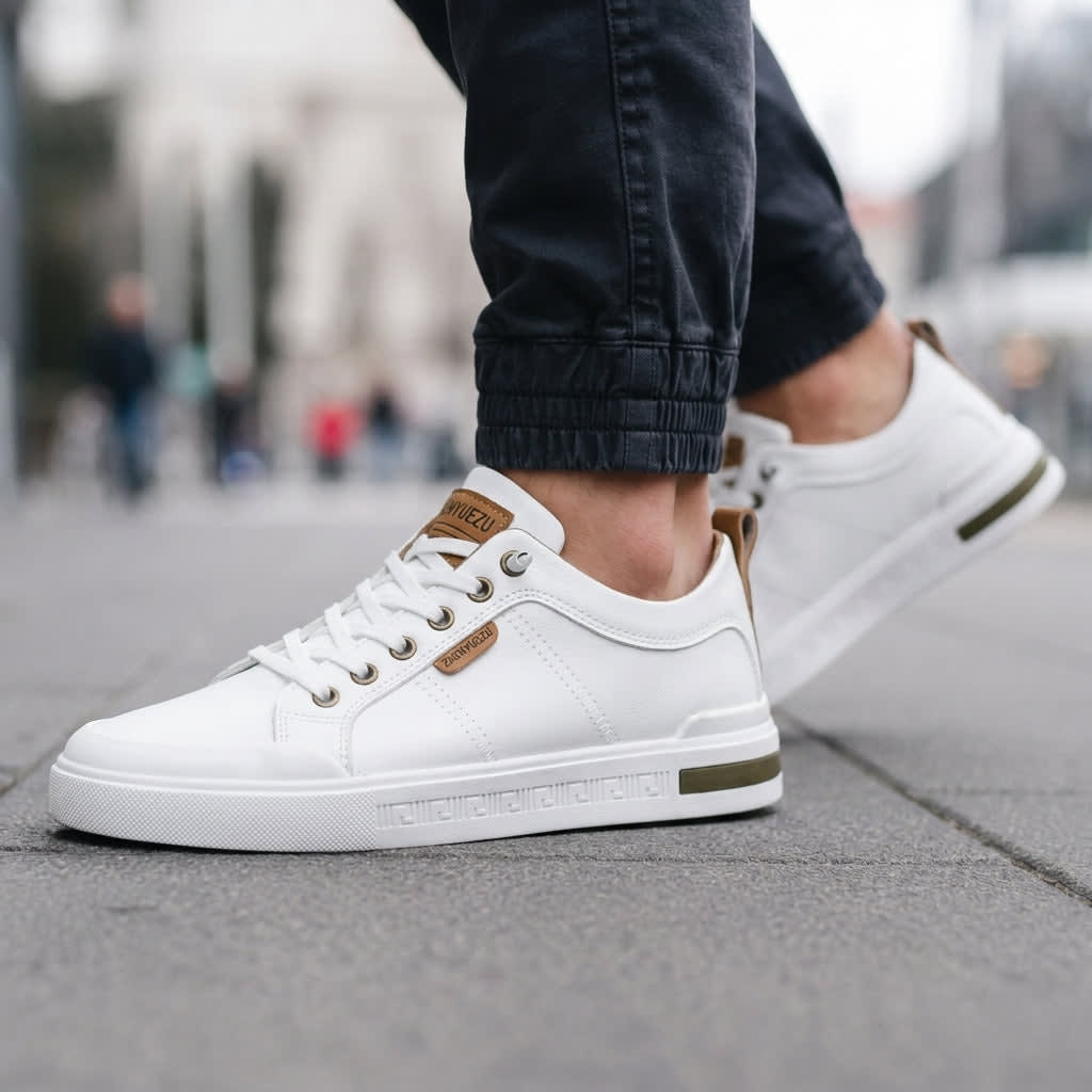 Men's Low-Top Lace-Up Sneakers with Contrast Heel Tab and Textured Sole - Zephyr - White & Tan