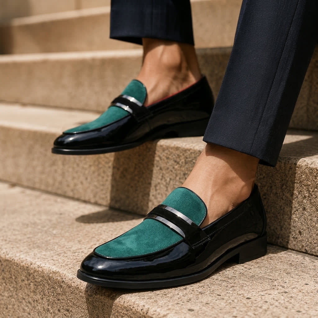 Men's Glossy Slip-On Loafers with Contrast Front Panel and Metallic Bar Strap - Lorenzo - Teal & Black