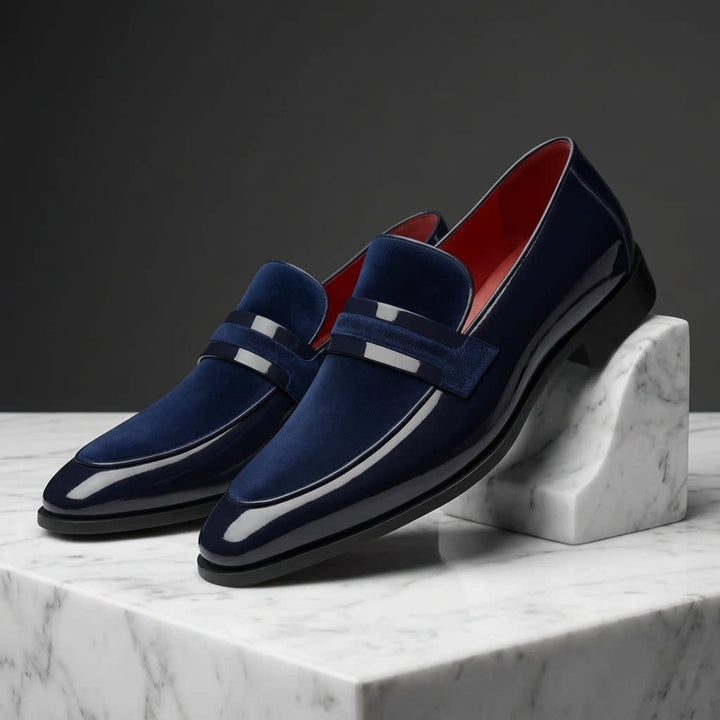 Men's Glossy Slip-On Loafers with Contrast Front Panel and Metallic Bar Strap - Lorenzo - Navy