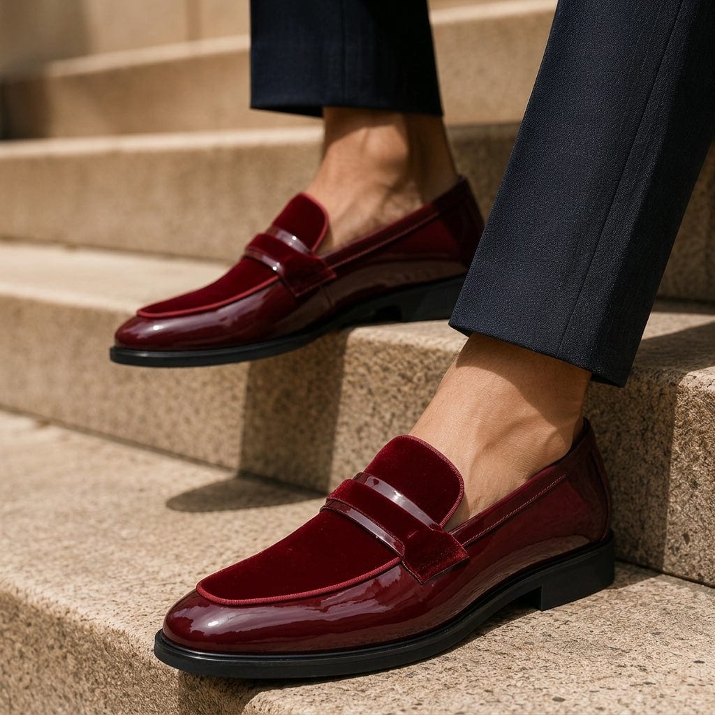 Men's Glossy Slip-On Loafers with Contrast Front Panel and Metallic Bar Strap - Lorenzo - Burgundy