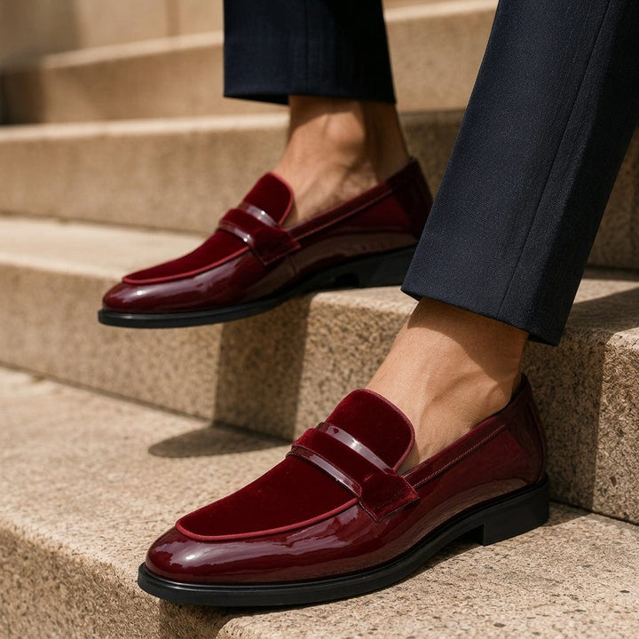 Men's Glossy Slip-On Loafers with Contrast Front Panel and Metallic Bar Strap - Lorenzo - Burgundy