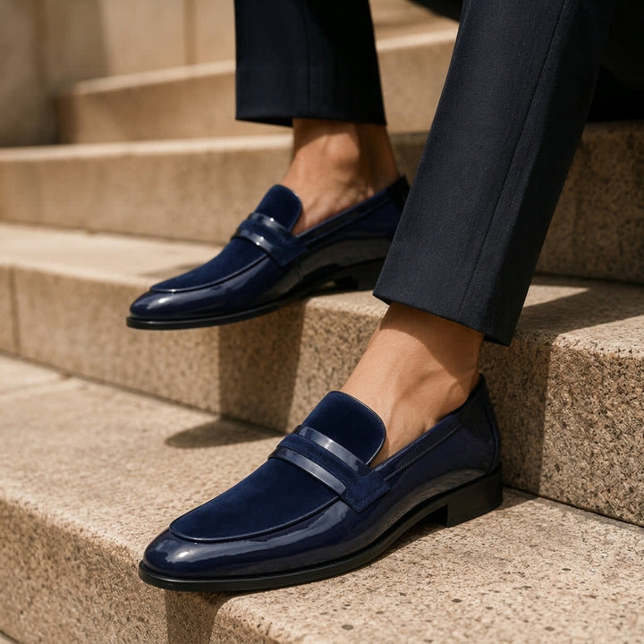 Men's Glossy Slip-On Loafers with Contrast Front Panel and Metallic Bar Strap - Lorenzo - Navy