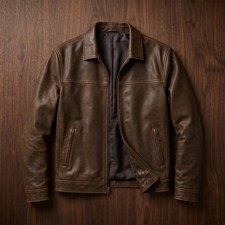 Men's Zip-Front Jacket with Classic Collar and Zip Pockets in a Distressed Finish - Thurston - Antique Brown