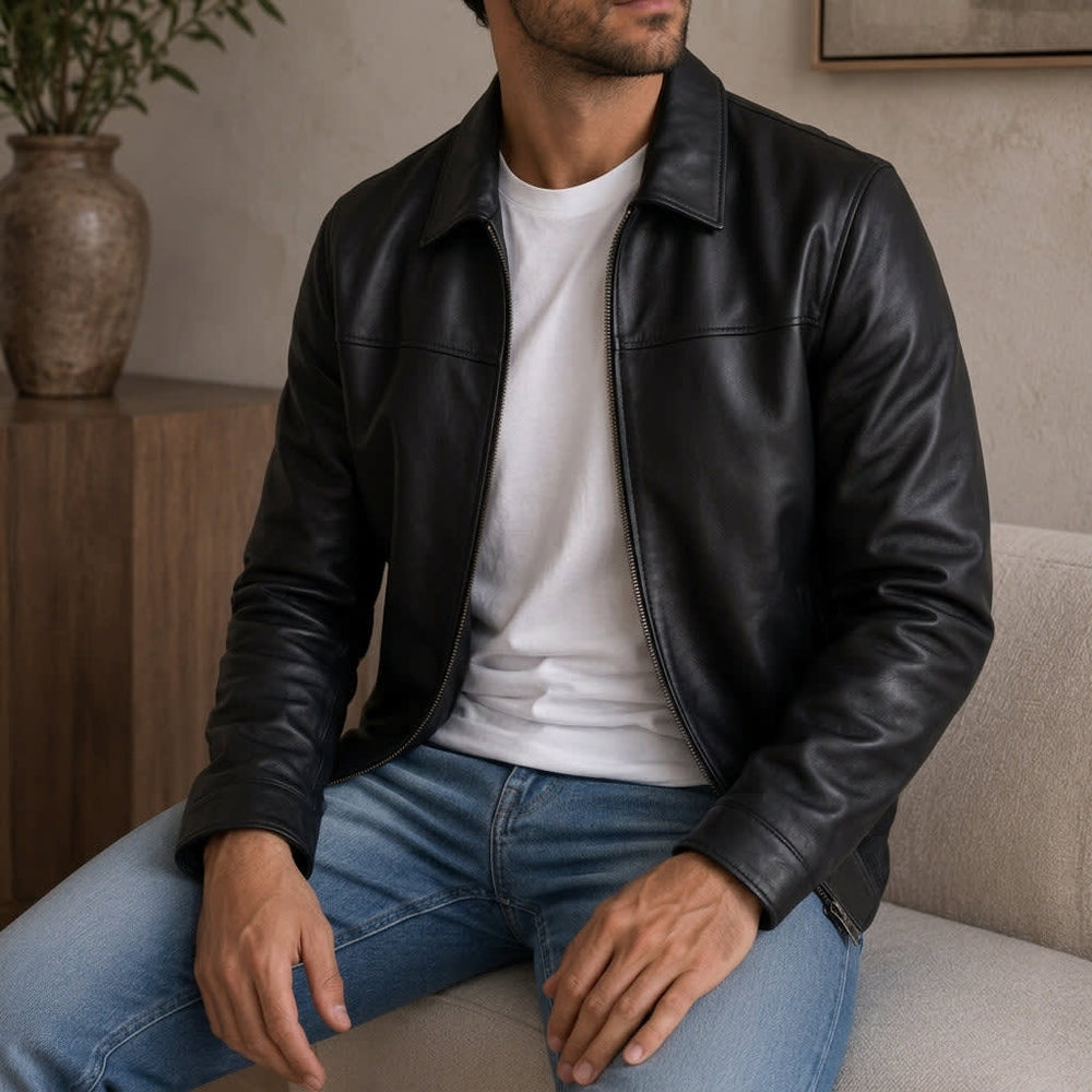 Men's Zip-Front Jacket with Classic Collar and Zip Pockets in a Distressed Finish - Thurston - Black
