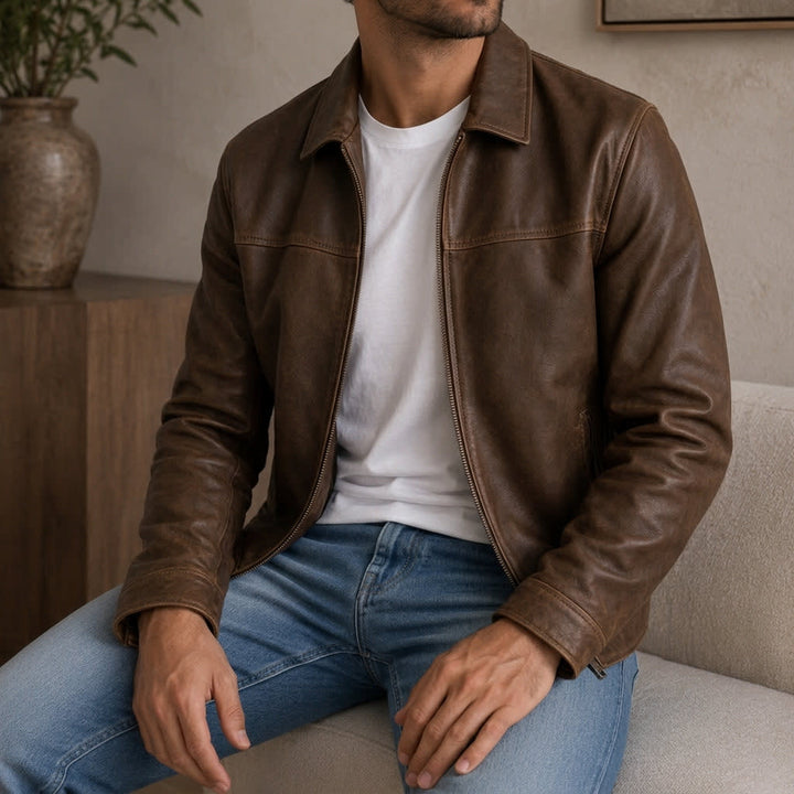 Men's Zip-Front Jacket with Classic Collar and Zip Pockets in a Distressed Finish - Thurston - Antique Brown