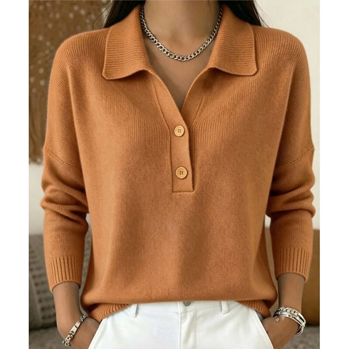 Women's Collared Polo Jumper with Button Placket - Leonie - Caramel