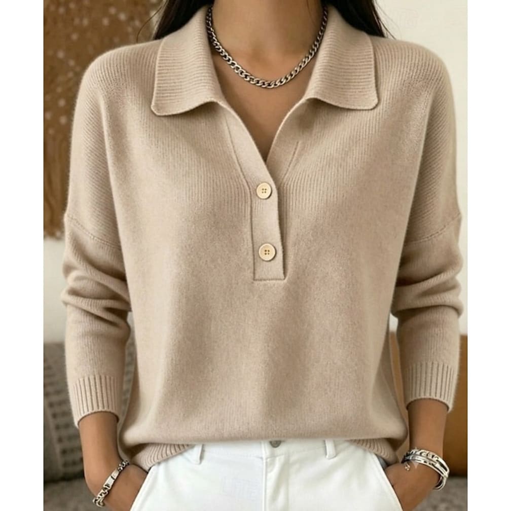 Women's Collared Polo Jumper with Button Placket - Leonie - Oatmeal