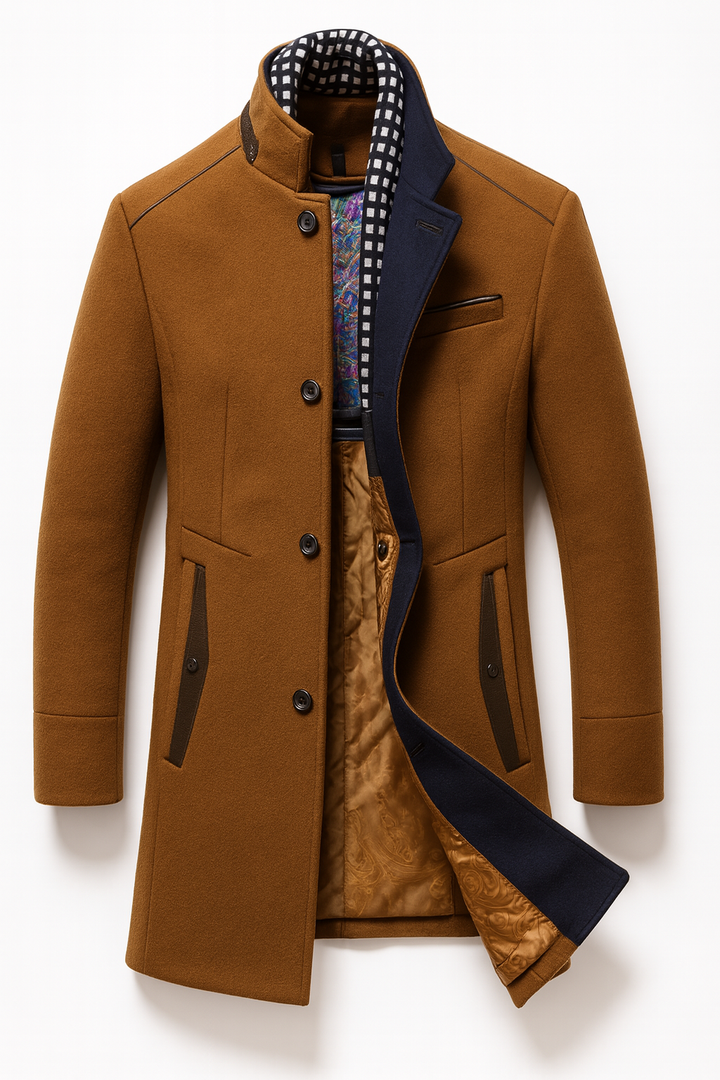 Men's Mid-Length Overcoat with Stand Collar and Contrast Lining - Godfrey - Camel