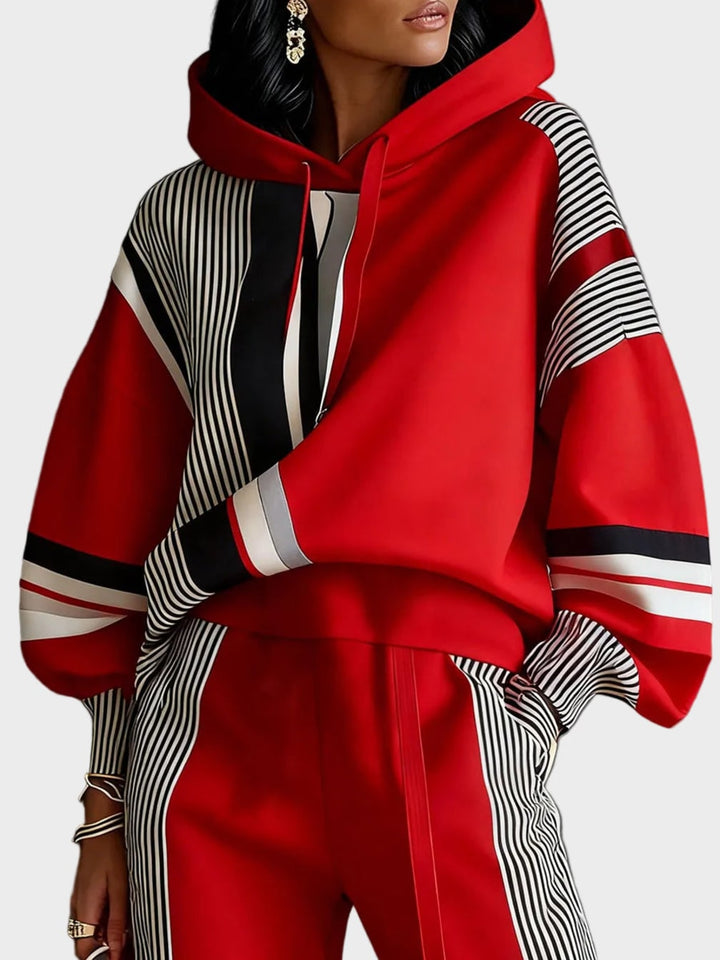 Women's Oversized Hooded Sweatshirt with Striped Panels and Balloon Sleeves - Nerissa - Red Stripe