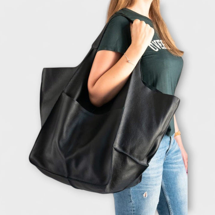 Women's Oversized Slouchy Tote Bag with Front Pockets and Dual Handles - Georgiana - Black
