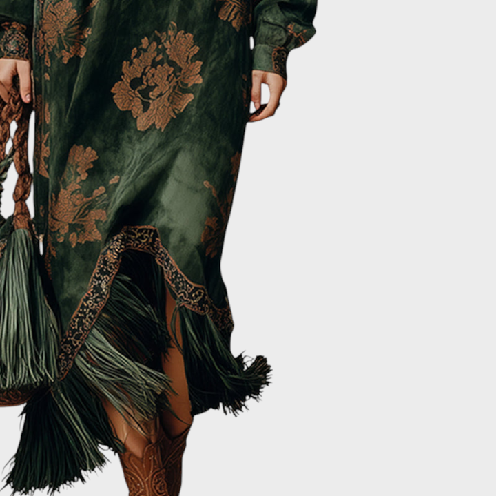 Women's Printed V-Neck Maxi Dress with Fringe Hem and Long Sleeves - Adeline - Forest Green