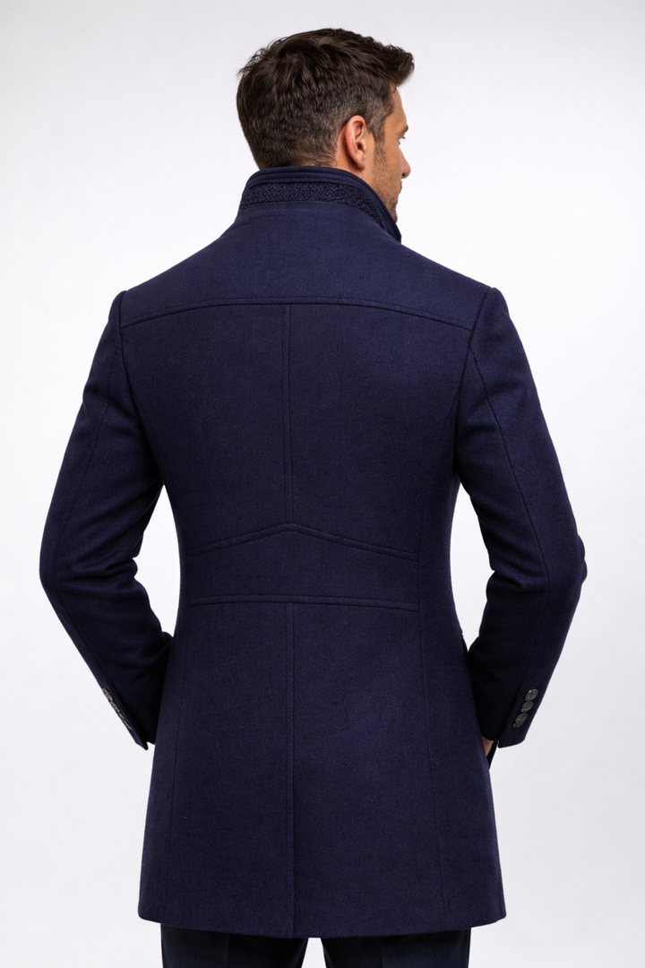 Men's Mid-Length Overcoat with Stand Collar and Contrast Lining - Godfrey - Navy
