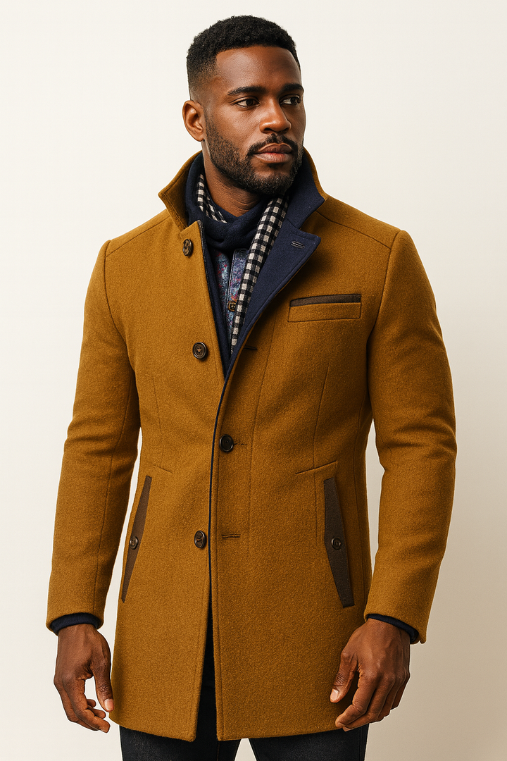 Men's Mid-Length Overcoat with Stand Collar and Contrast Lining - Godfrey - Navy