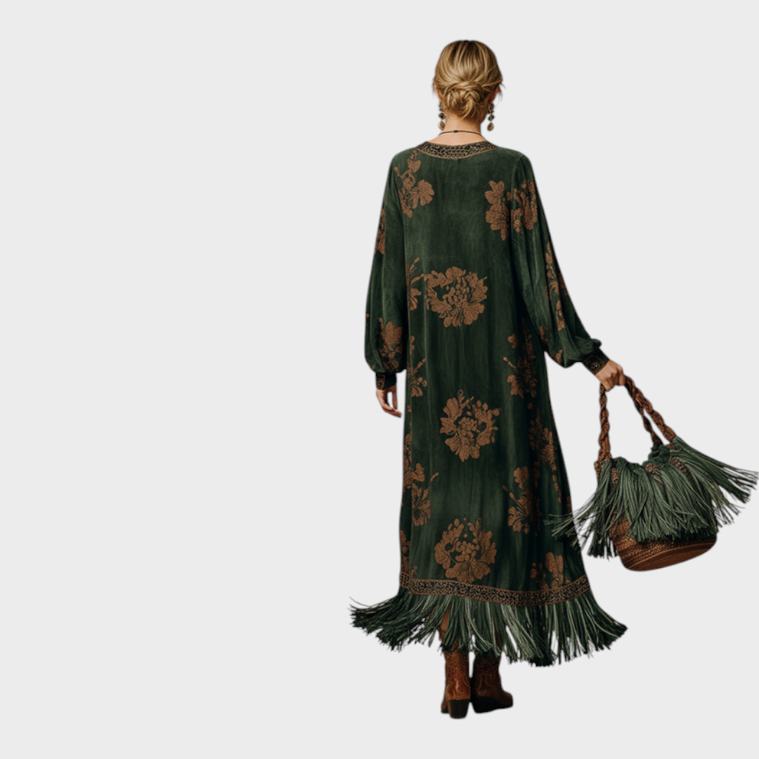 Women's Printed V-Neck Maxi Dress with Fringe Hem and Long Sleeves - Adeline - Forest Green