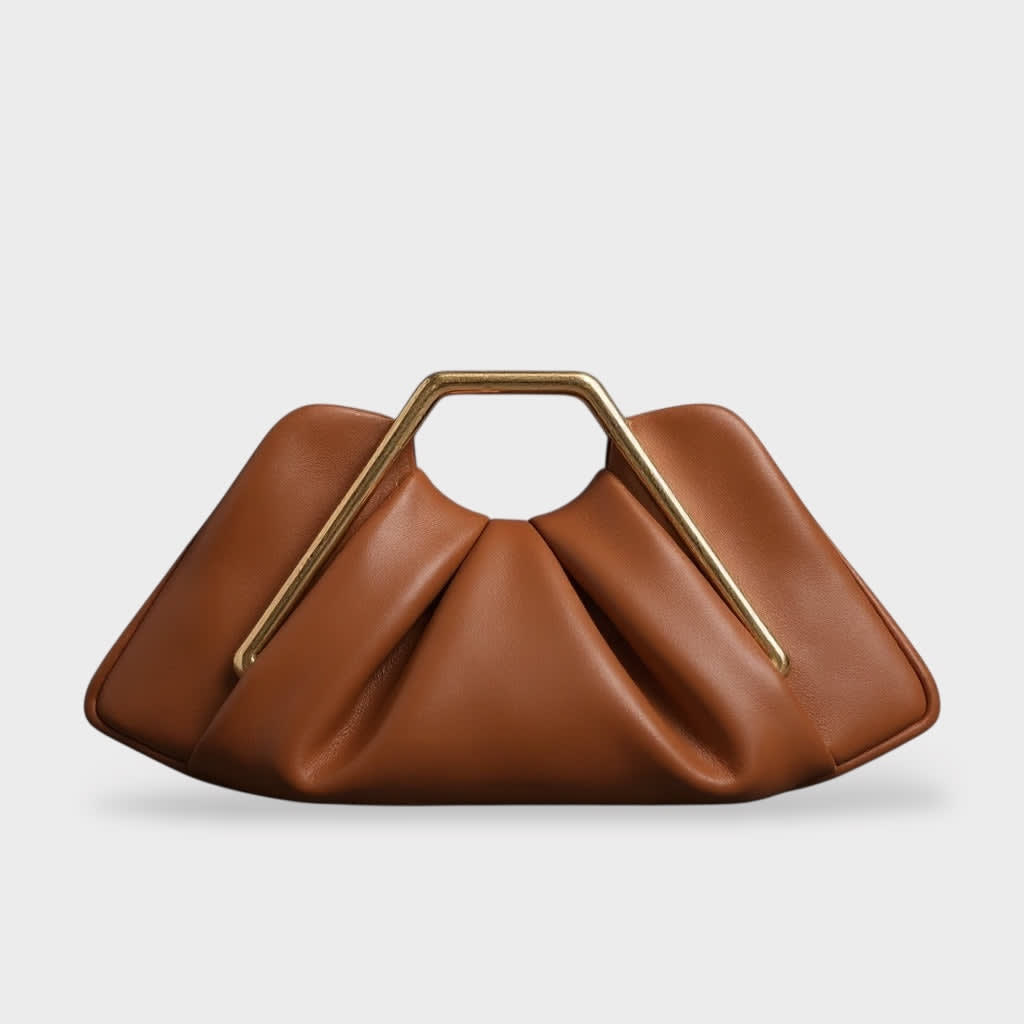 Women's Pleated Top-Handle Clutch Bag with Gold-Tone Frame - Ottavia - Tan