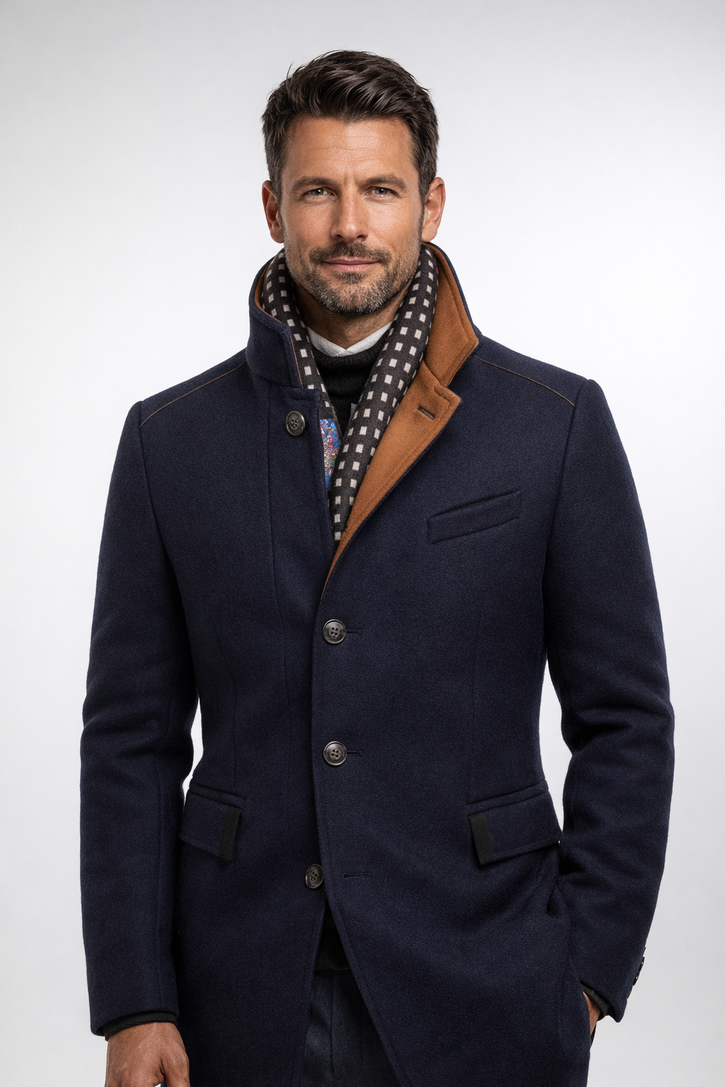 Men's Mid-Length Overcoat with Stand Collar and Contrast Lining - Godfrey - Navy