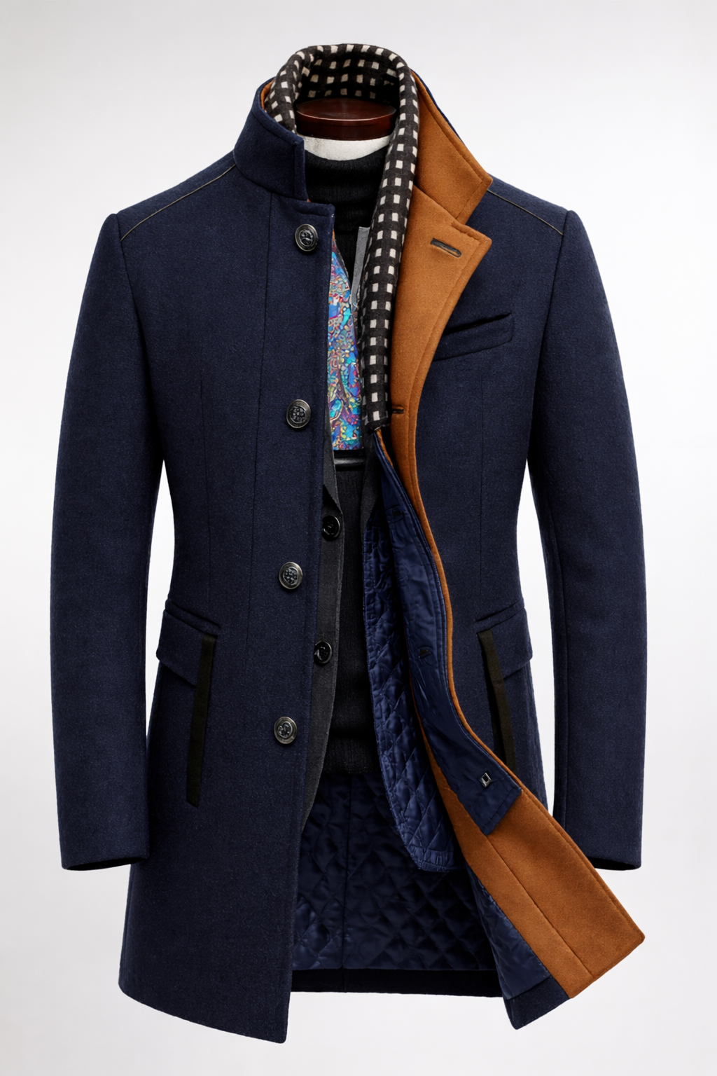 Men's Mid-Length Overcoat with Stand Collar and Contrast Lining - Godfrey - Navy