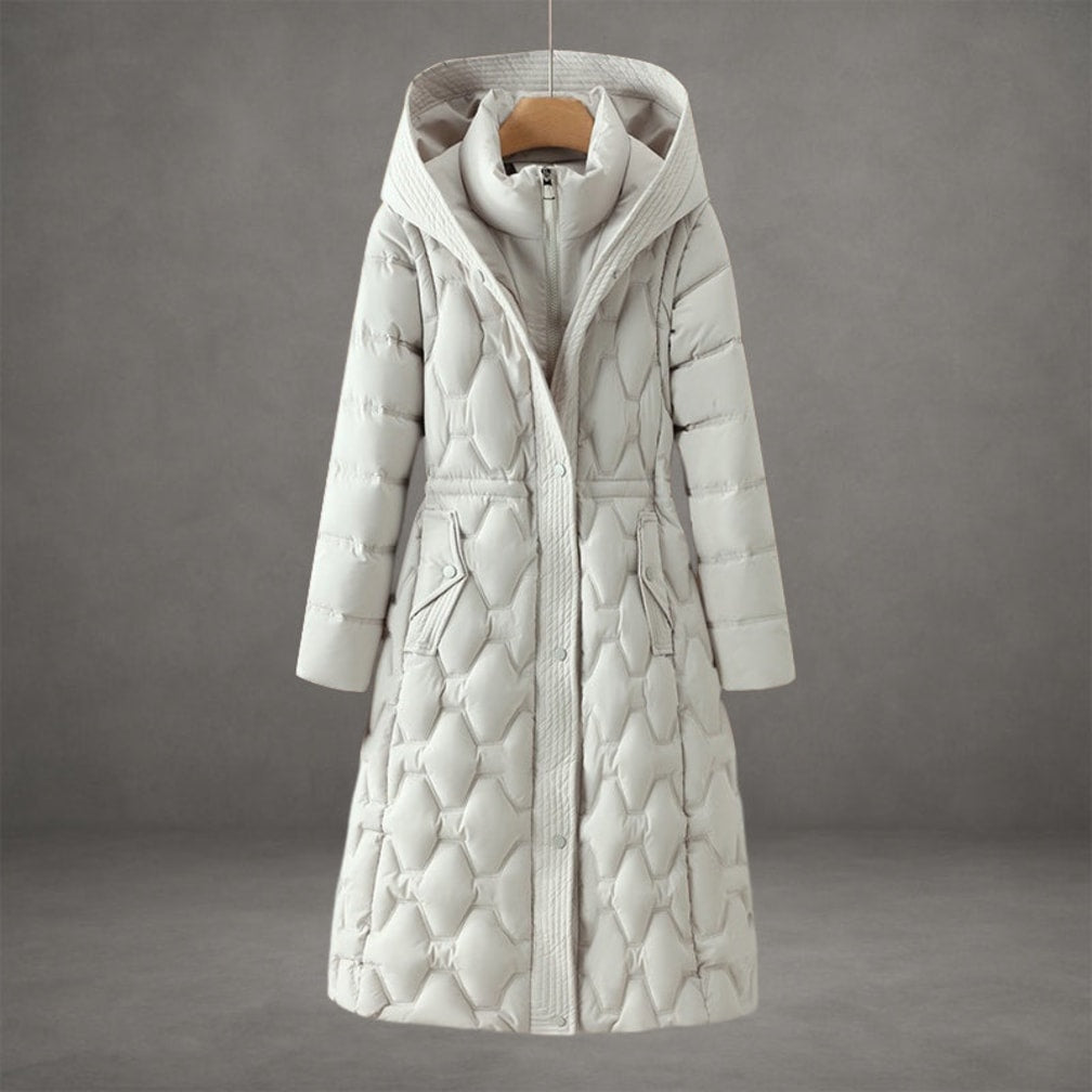 Women's Long Hooded Quilted Winter Coat with Cinched Waist - Ffion - Ivory