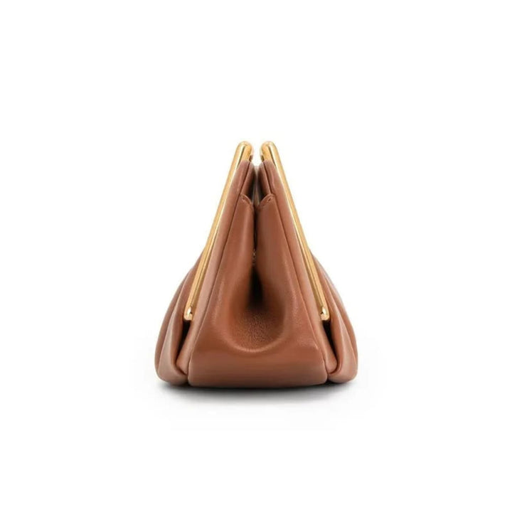 Women's Pleated Top-Handle Clutch Bag with Gold-Tone Frame - Ottavia - Tan