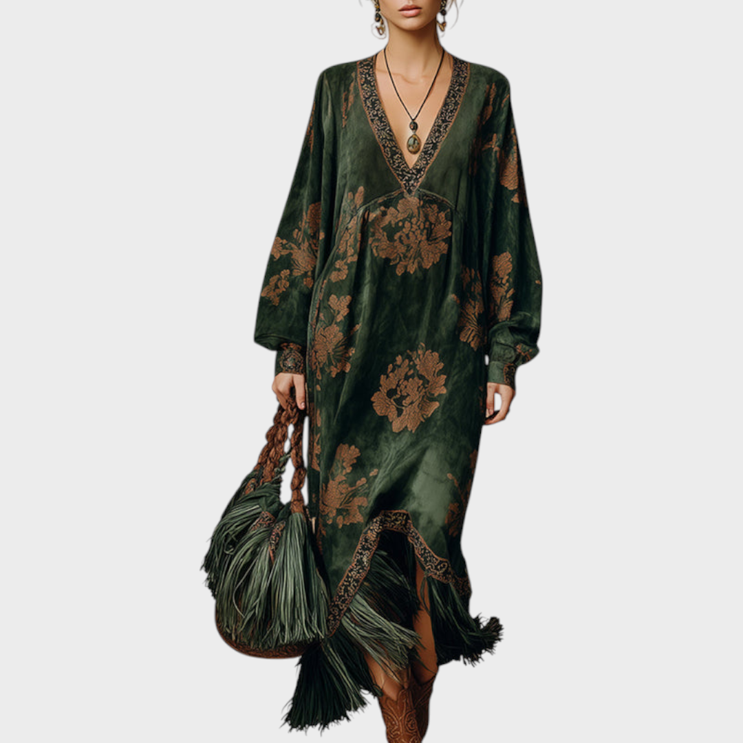 Women's Printed V-Neck Maxi Dress with Fringe Hem and Long Sleeves - Adeline - Forest Green