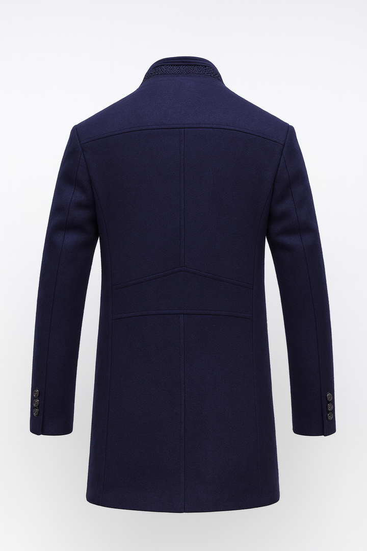 Men's Mid-Length Overcoat with Stand Collar and Contrast Lining - Godfrey - Navy