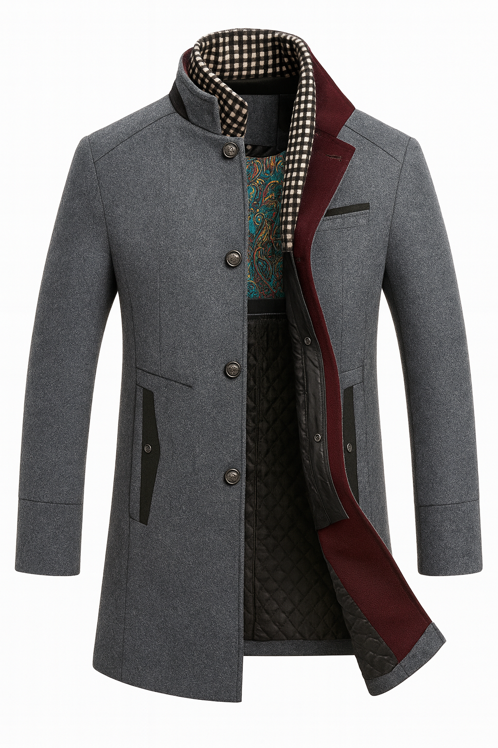 Men's Mid-Length Overcoat with Stand Collar and Contrast Lining - Godfrey - Grey