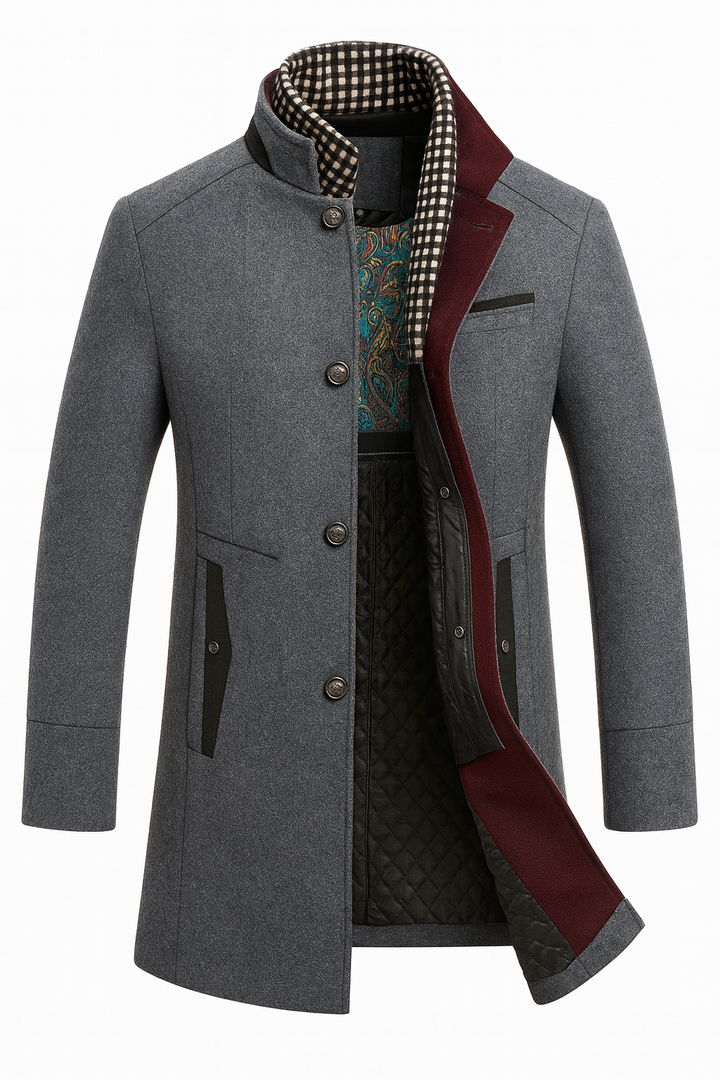 Men's Mid-Length Overcoat with Stand Collar and Contrast Lining - Godfrey - Grey